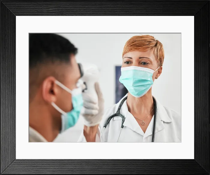 Framed Print : Laser, mask or doctor with thermometer for healthcare in hospital clinic or medical center Framed Print : Laser, mask or doctor with thermometer for healthcare in hospital clinic or medical center
