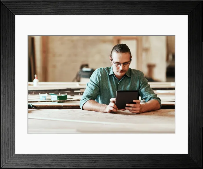 Framed Print : Workshop, carpenter and man with tablet for reading