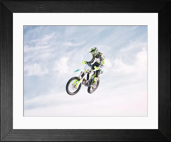 Framed Print : Blue sky, jump and man on motorbike in air for practice Framed Print : Blue sky, jump and man on motorbike in air for practice