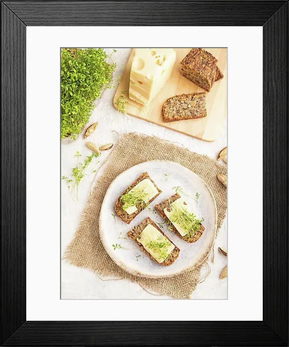 Framed Print : Grain bread sandwiches with cheese and watercress microgreen on gray concrete background and linen textile Framed Print : Grain bread sandwiches with cheese and watercress microgreen on gray concrete background and linen textile