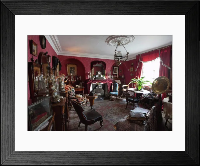 Framed Print : a red parlor filled with furnishings, beamish, durham, england Framed Print : a red parlor filled with furnishings, beamish, durham, england
