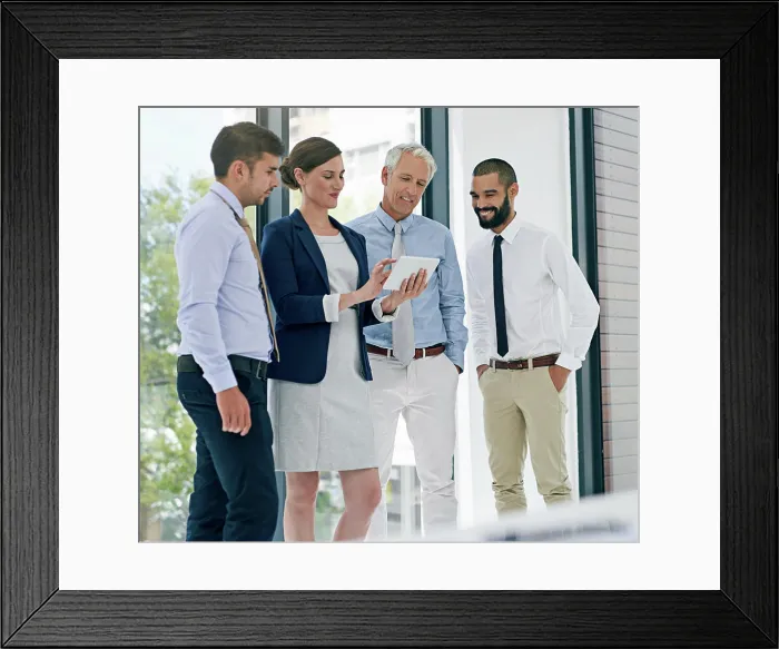 Framed Print : Collaboration, tablet and meeting with business people in office together for discussion or planning Framed Print : Collaboration, tablet and meeting with business people in office together for discussion or planning