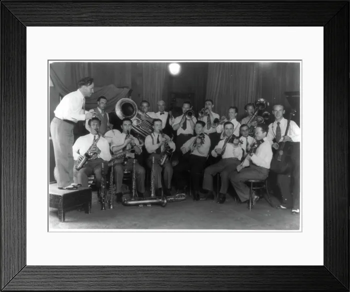 Framed Print : Unidentified band and leader, possibly assembled for a radio program of pupular dance music, ca. 1920 Framed Print : Unidentified band and leader, possibly assembled for a radio program of pupular dance music, ca. 1920