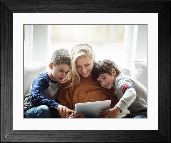 Framed Print : Love, tablet and mother with children on sofa bonding