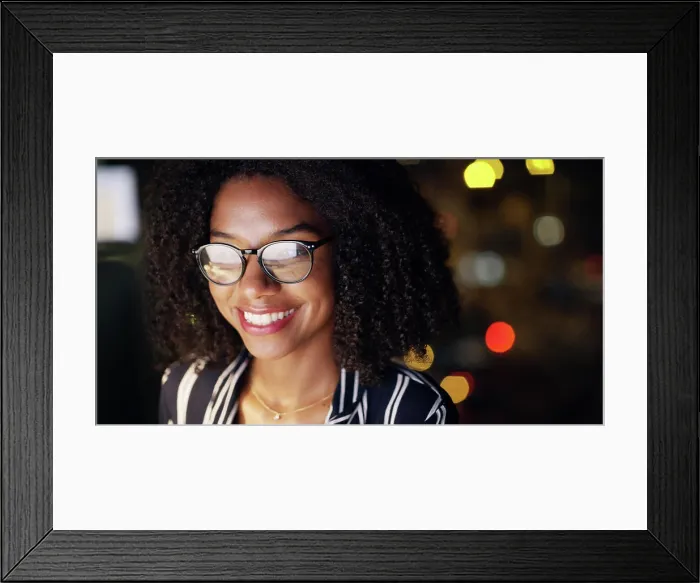 Framed Print : Business, glasses and woman with reading at night for article research Framed Print : Business, glasses and woman with reading at night for article research