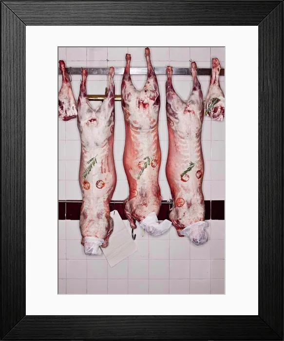 Framed Print : Hanging lamb carcasses in butchers shop Framed Print : Hanging lamb carcasses in butchers shop