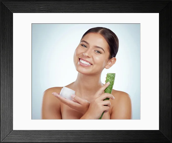 Framed Print : Portrait, aloe vera and woman with cream