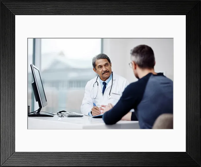 Framed Print : Healthcare, office and doctor in a consultation with a patient in discussion on a diagnosis in the clinic Framed Print : Healthcare, office and doctor in a consultation with a patient in discussion on a diagnosis in the clinic