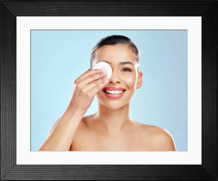Framed Print : Woman, skincare and cotton pad with studio portrait for makeup Framed Print : Woman, skincare and cotton pad with studio portrait for makeup