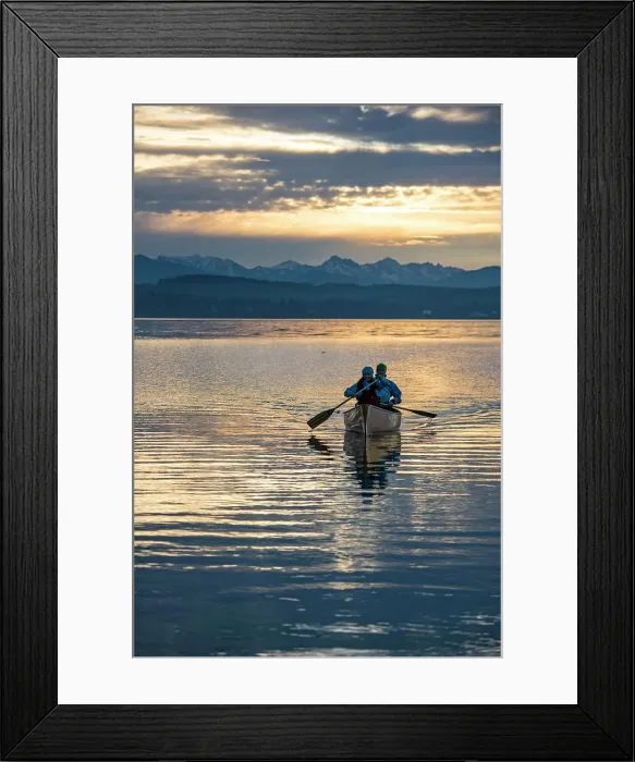 Framed Print : Canoeing, paddling, lake, Canadian, canoeing, duo, sunset, blue hour