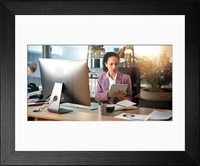 Framed Print : Documents, computer and business woman on tablet for online project Framed Print : Documents, computer and business woman on tablet for online project