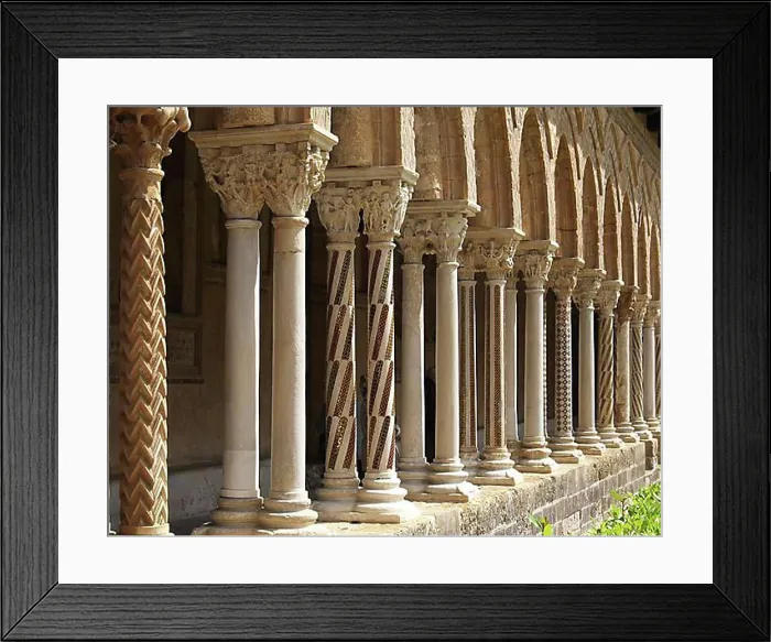 Framed Print : Cloister with ornate pillars in the courtyard of Monreale Cathedral, Monreale, Sicily, Italy, Europe Framed Print : Cloister with ornate pillars in the courtyard of Monreale Cathedral, Monreale, Sicily, Italy, Europe