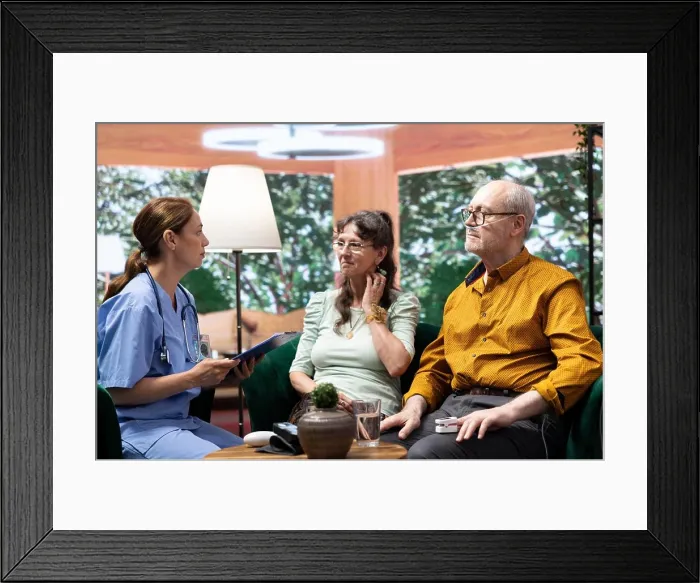 Framed Print : Nurse giving assistance and advice to senior patient with an IV drip bag