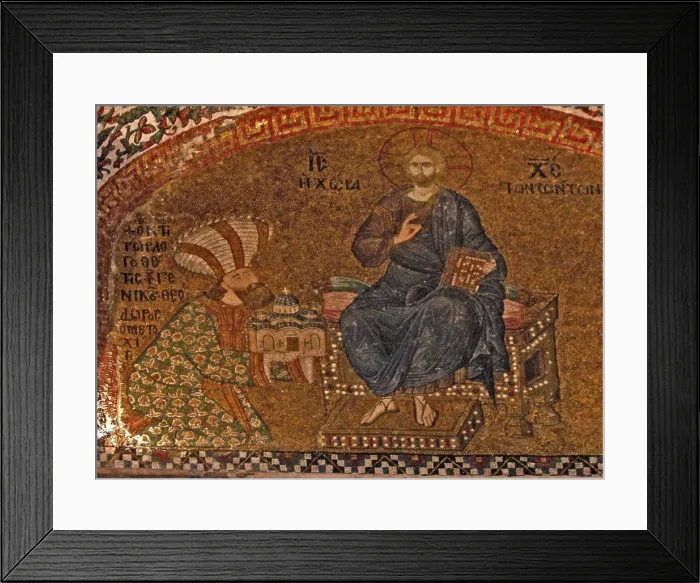 Framed Print : Theodore Metochites presenting the model of the renovated Chora Church to Christ Pantocrator by Byzantine Master / Hora Framed Print : Theodore Metochites presenting the model of the renovated Chora Church to Christ Pantocrator by Byzantine Master / Hora