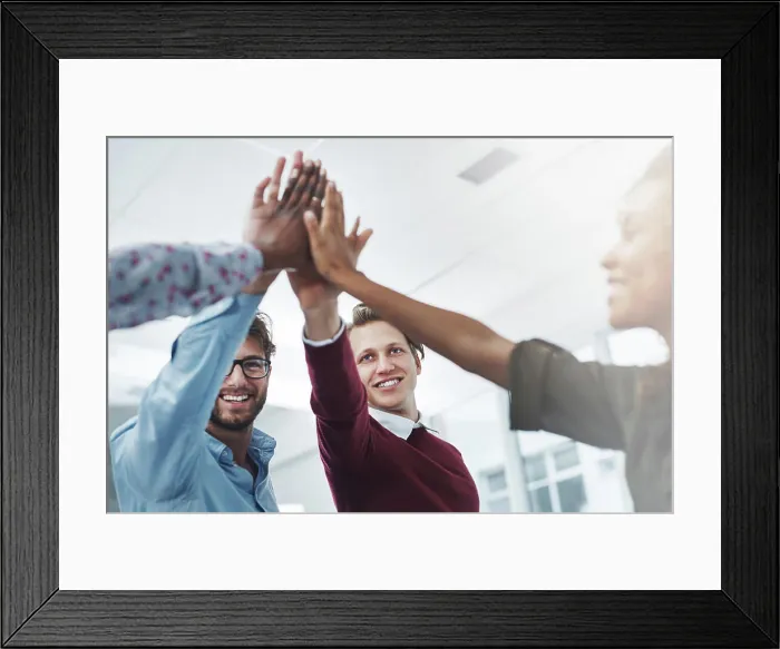 Framed Print : Success, high five or team in office for business