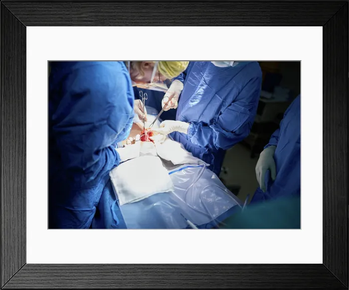 Framed Print : Hands, surgeon and team for operation at hospital in emergency room