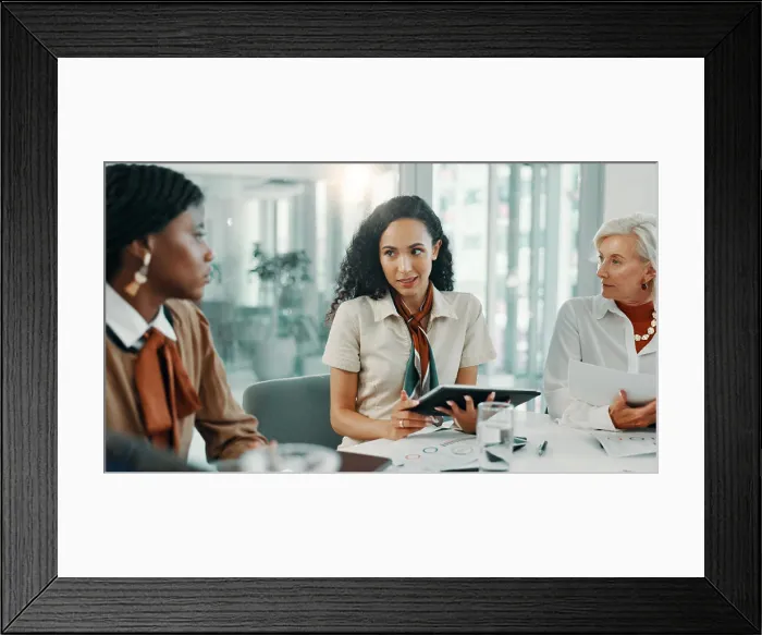 Framed Print : Finance, meeting and tablet with business women in boardroom of office for planning or strategy Framed Print : Finance, meeting and tablet with business women in boardroom of office for planning or strategy