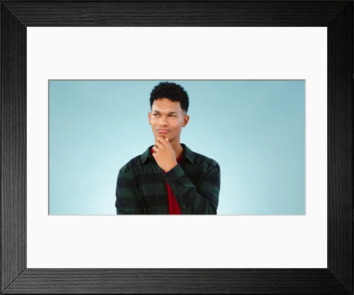 Framed Print : Thinking, confused and man doubt decision in studio isolated on a blue background mockup space Framed Print : Thinking, confused and man doubt decision in studio isolated on a blue background mockup space