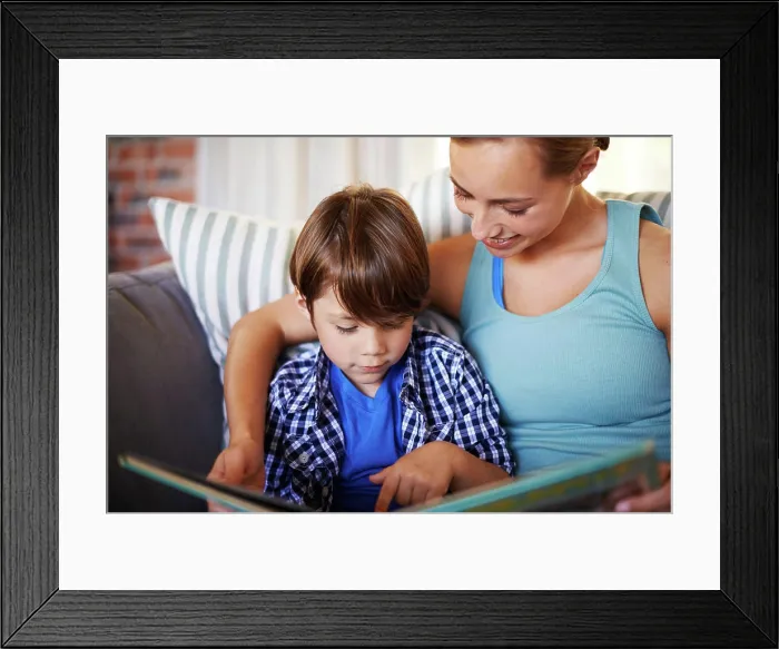 Framed Print : Home, book and mother with kid Framed Print : Home, book and mother with kid