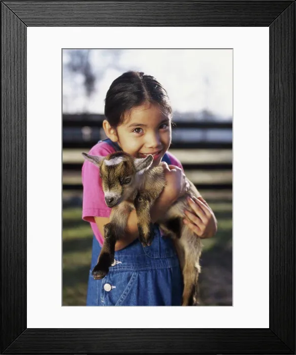 Framed Print : Portrait of a girl holding a kid goat in her arms Framed Print : Portrait of a girl holding a kid goat in her arms