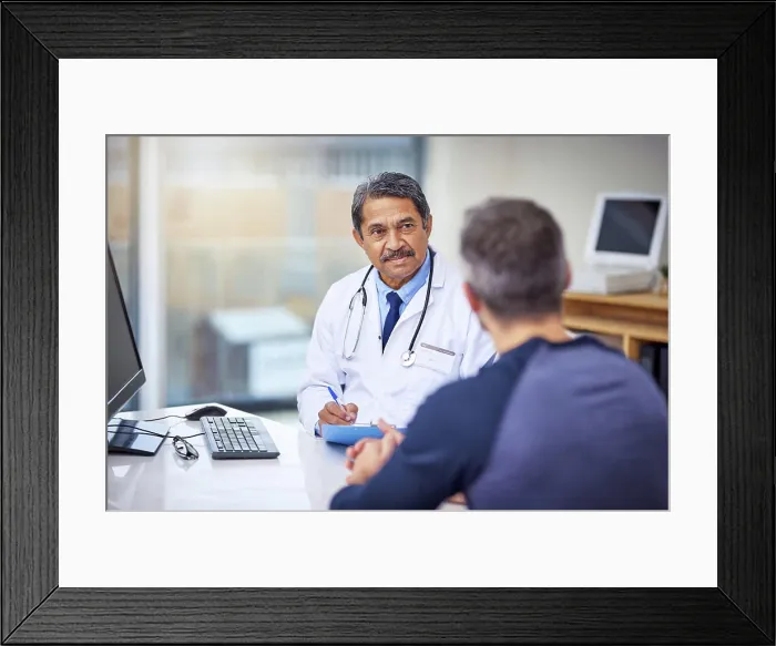 Framed Print : Healthcare, consultation and male doctor talking to a patient about a diagnosis in the clinic Framed Print : Healthcare, consultation and male doctor talking to a patient about a diagnosis in the clinic