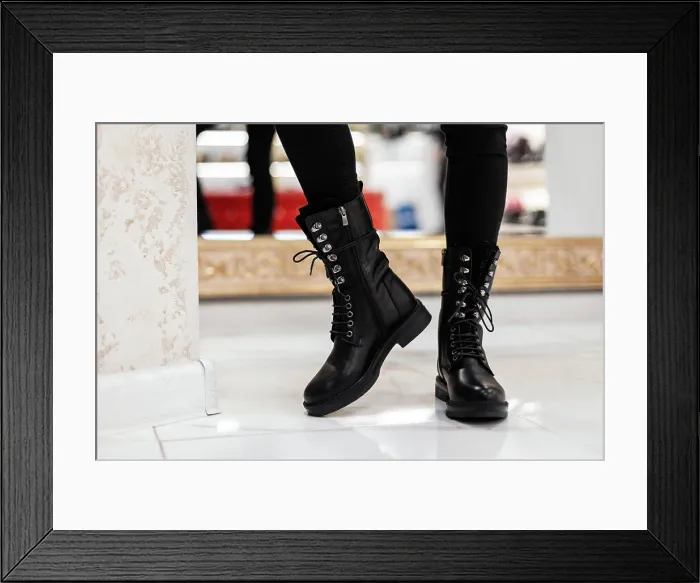 Framed Print : Close-up from Female Legs in Trendy Black People Leather Leather Leather Leathe-Up Boots in A Bright Room Stylish Girls Framed Print : Close-up from Female Legs in Trendy Black People Leather Leather Leather Leathe-Up Boots in A Bright Room Stylish Girls