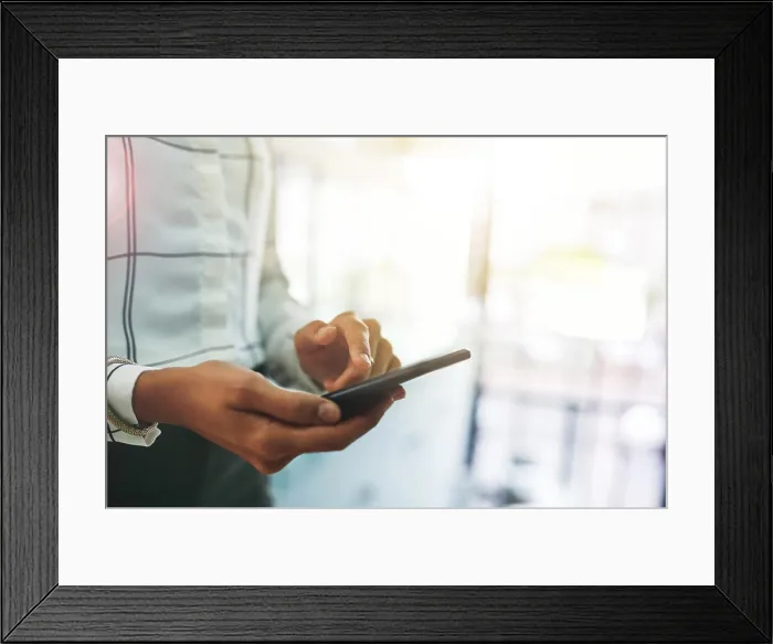Framed Print : Phone, office and hands of woman with mobile app for online chat