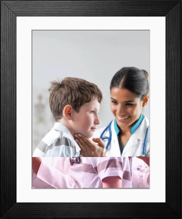 Framed Print : Paediatric examination. Doctor checking a 7-year-old boy's glands to see if they are swollen Framed Print : Paediatric examination. Doctor checking a 7-year-old boy's glands to see if they are swollen