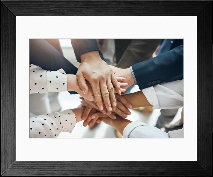 Framed Print : Business people, collaboration and hand stack in office for support Framed Print : Business people, collaboration and hand stack in office for support