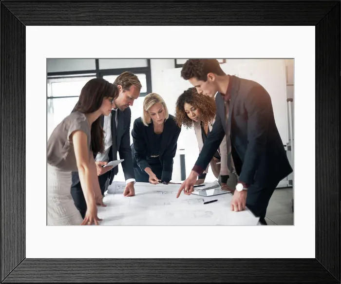 Framed Print : Business people, architect and blueprint layout in meeting collaboration or planning strategy at office Framed Print : Business people, architect and blueprint layout in meeting collaboration or planning strategy at office