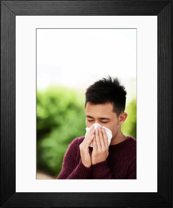 Framed Print : Man, outdoor and ill with tissue for allergies or pollen