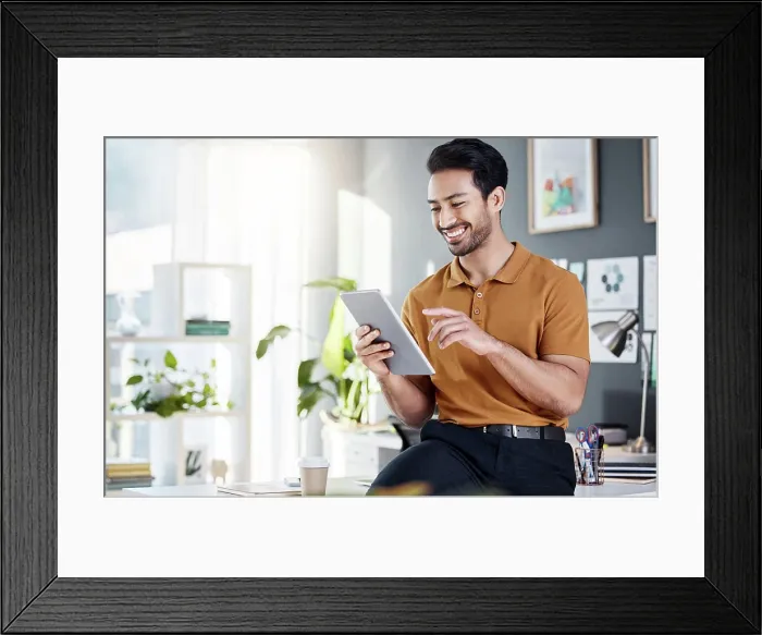 Framed Print : Tablet, office and happy man with online software