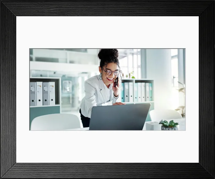 Framed Print : Phone call, laptop and happy corporate woman Framed Print : Phone call, laptop and happy corporate woman