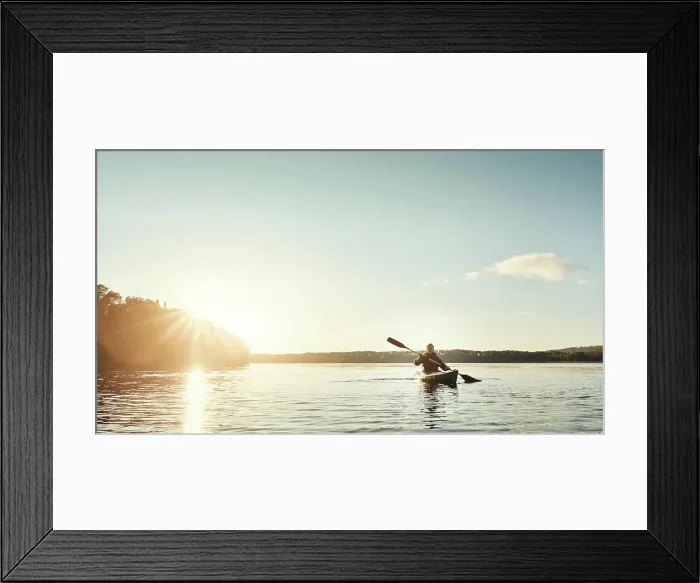 Framed Print : Guy, kayak and boat on lake outdoor for sports adventure or nature travel trip Framed Print : Guy, kayak and boat on lake outdoor for sports adventure or nature travel trip