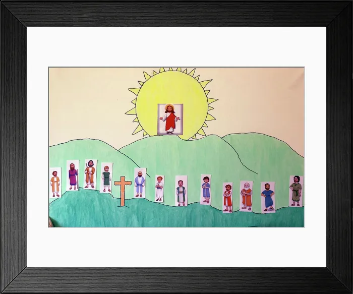 Framed Print : Catholic church. Christian religious teaching or catechism for young children. Jesus and the 12 apostles. France