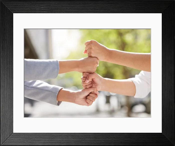 Framed Print : Fists, team building or business people in city for collaboration for mission goals in a deal Framed Print : Fists, team building or business people in city for collaboration for mission goals in a deal