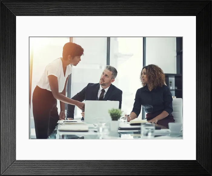 Framed Print : Corporate, people and meeting on laptop in office for brainstorming Framed Print : Corporate, people and meeting on laptop in office for brainstorming