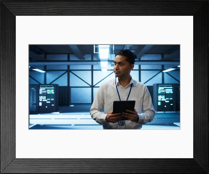 Framed Print : Security analyst in data center monitoring security threats Framed Print : Security analyst in data center monitoring security threats
