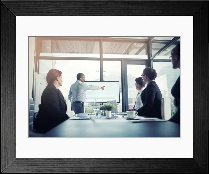 Framed Print : Presentation, leader and presenter in meeting for a report or corporate workshop for sales in startup company Framed Print : Presentation, leader and presenter in meeting for a report or corporate workshop for sales in startup company