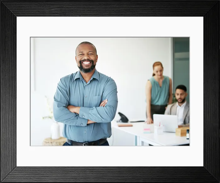 Framed Print : Office, happy man and portrait with arms crossed for leadership Framed Print : Office, happy man and portrait with arms crossed for leadership