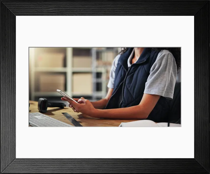 Framed Print : Supply chain, distribution and hands with phone for delivery Framed Print : Supply chain, distribution and hands with phone for delivery