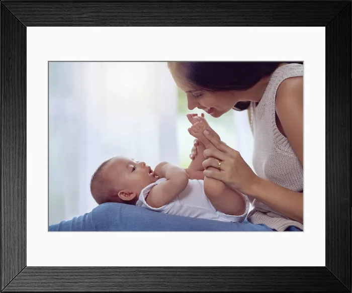Framed Print : Mother, baby and playing with feet in home for bonding Framed Print : Mother, baby and playing with feet in home for bonding