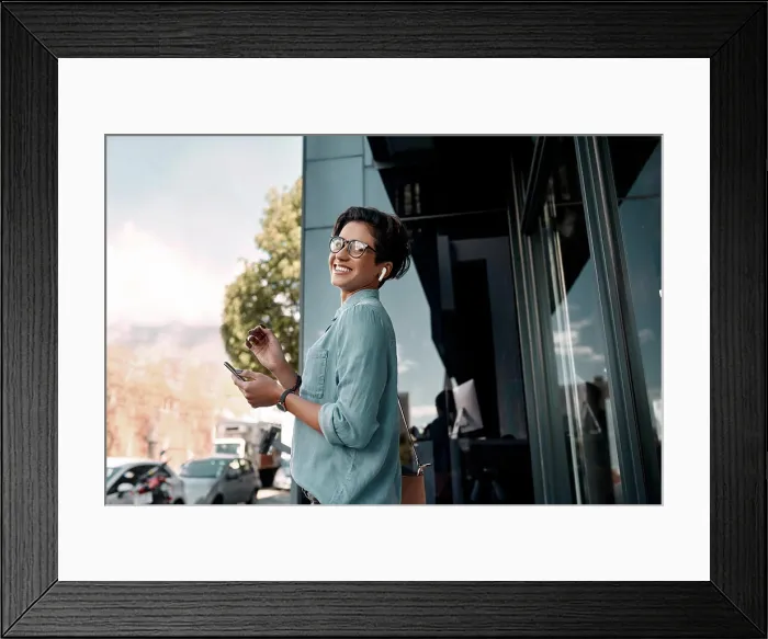 Framed Print : Woman portrait, mobile phone and music with earphones in city for streaming service Framed Print : Woman portrait, mobile phone and music with earphones in city for streaming service