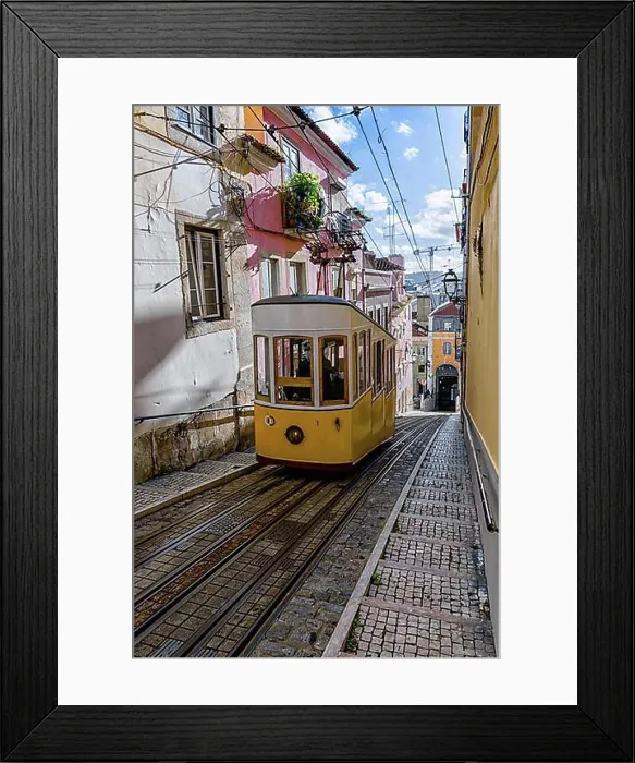 Framed Print : Lisbon, Portugal - 15 December 2020: view of the Gloria Funicular in downtown Lisbon Framed Print : Lisbon, Portugal - 15 December 2020: view of the Gloria Funicular in downtown Lisbon