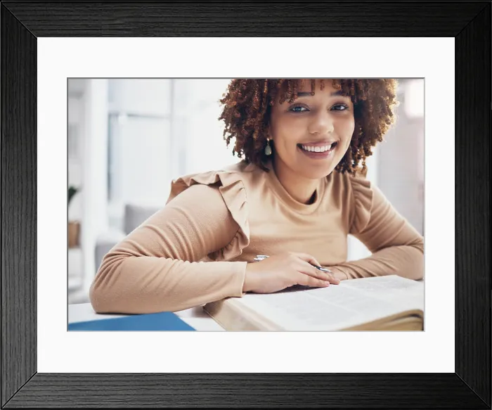 Framed Print : Smile, prayer and portrait of black woman with bible for happy Framed Print : Smile, prayer and portrait of black woman with bible for happy