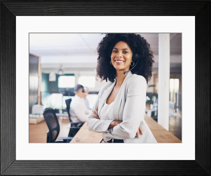 Framed Print : Portrait, customer service and support with a black woman consultant working in her telesales office