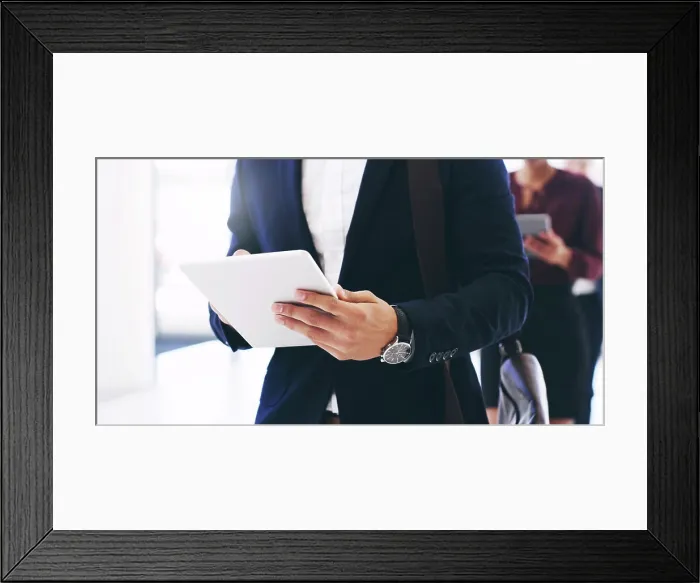 Framed Print : Hands, businessman and tablet in row at office for job interview