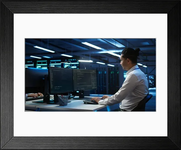 Framed Print : Portrait of upbeat admin in data center managing servers