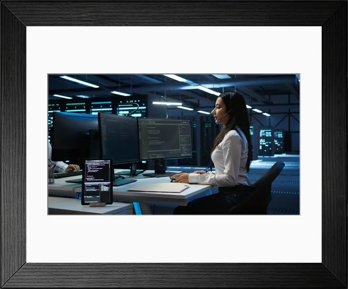 Framed Print : Technician in data center provides technical support to users Framed Print : Technician in data center provides technical support to users