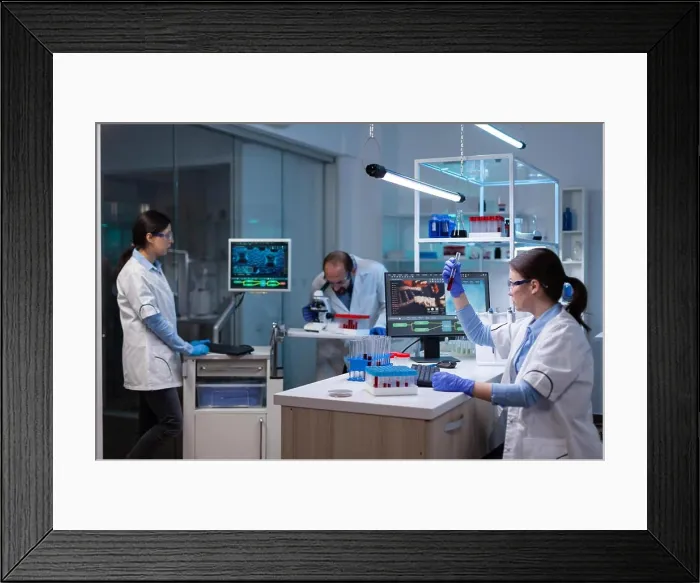 Framed Print : Professional doctor scientist looking in computer analysing DNA image scan Framed Print : Professional doctor scientist looking in computer analysing DNA image scan